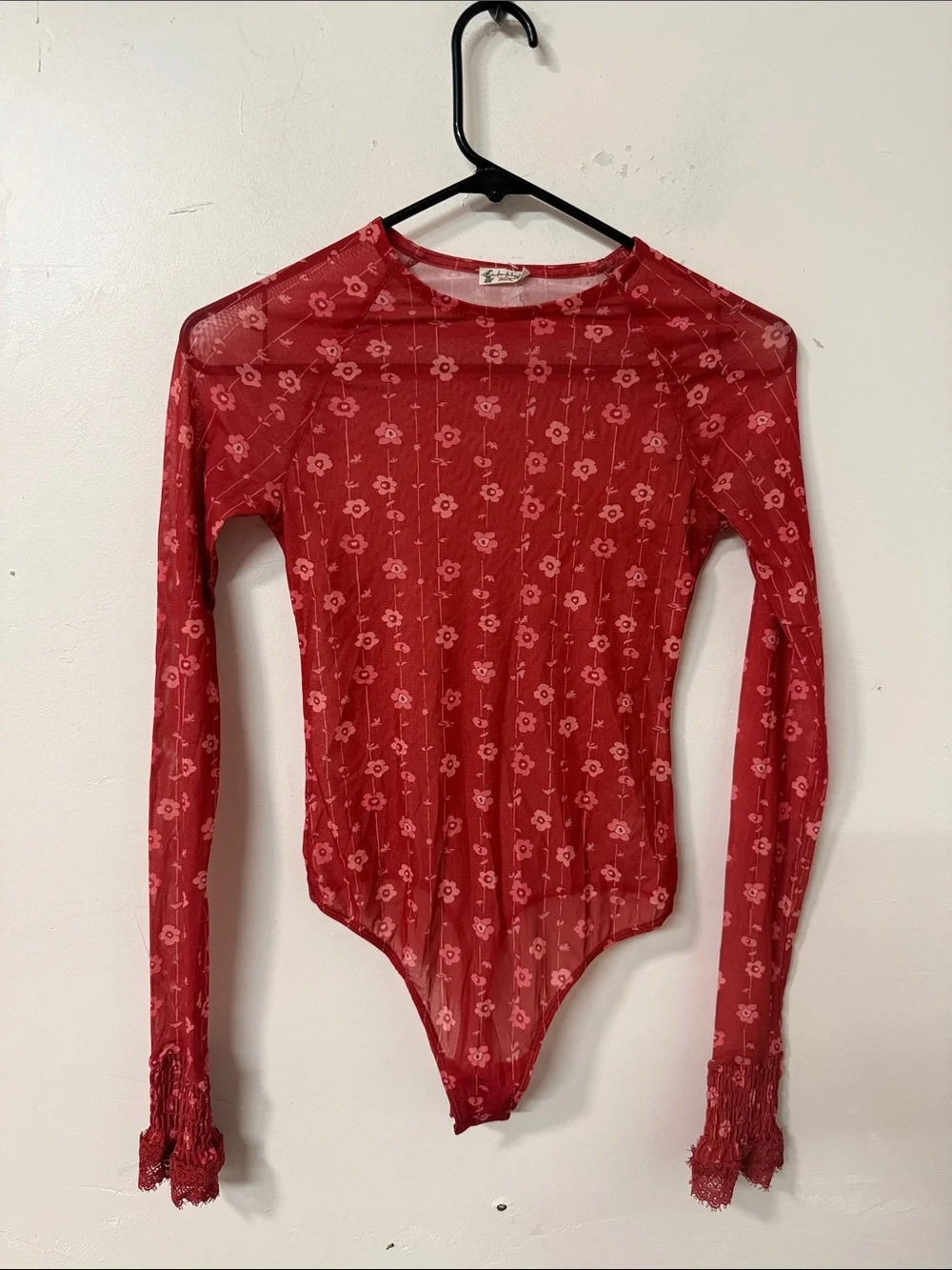 Free People Red pink Sheer Floral Long-Sleeve Bodysuit